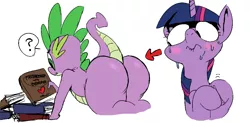 Size: 1000x491 | Tagged: suggestive, artist:john92, artist:sunibee, banned from derpibooru, deleted from derpibooru, derpibooru import, spike, twilight sparkle, dragon, ass, bent over, butt, colored, dragonbutt, eyes on the prize, female, foalcon, kiss my ass, large butt, male, plump, raised tail, shipping, straight, sweat, tail, the ass was fat, twispike, underage, unf