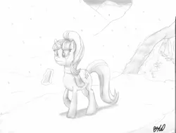 Size: 3172x2397 | Tagged: safe, artist:php59, banned from derpibooru, deleted from derpibooru, derpibooru import, starlight glimmer, mouse, cave, clothes, crying, cute, high res, monochrome, scarf, snow, snowfall, solo, tissue, traditional art