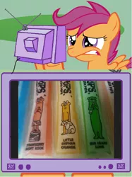 Size: 564x753 | Tagged: safe, banned from derpibooru, deleted from derpibooru, derpibooru import, scootaloo, exploitable meme, meme, obligatory pony, orphan, otter pops, tv meme