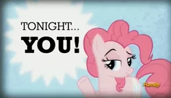 Size: 1483x853 | Tagged: suggestive, banned from derpibooru, deleted from derpibooru, derpibooru import, pinkie pie, the lost treasure of griffonstone, bedroom eyes, exploitable meme, meme, obligatory pony, pinkie presenter, solo, tonight you