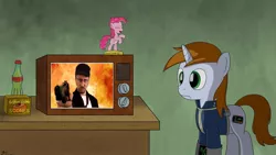 Size: 1256x710 | Tagged: safe, banned from derpibooru, deleted from derpibooru, derpibooru import, oc, oc:littlepip, fallout equestria, exploitable meme, littlepip's televison meme, meme, nostalgia critic, the review must go on, tv meme