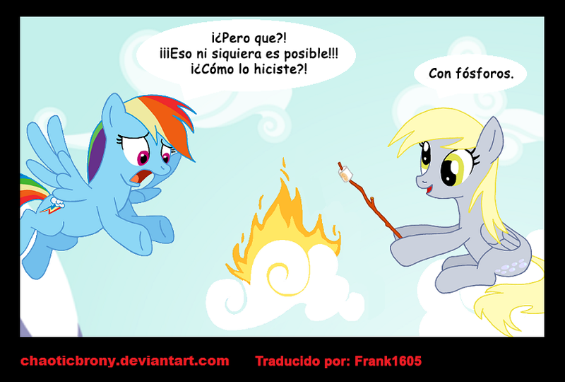 Size: 816x551 | Tagged: safe, artist:frank1605, artist:silverslinger, banned from derpibooru, deleted from derpibooru, derpibooru import, derpy hooves, rainbow dash, pegasus, pony, female, fire, mare, spanish, translation