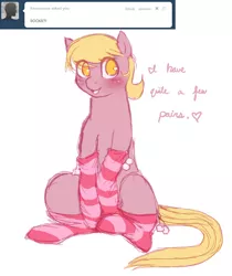 Size: 1000x1188 | Tagged: safe, artist:amnestie, banned from derpibooru, deleted from derpibooru, derpibooru import, lily, lily valley, ask lily, ask, clothes, socks, solo, striped socks, tumblr