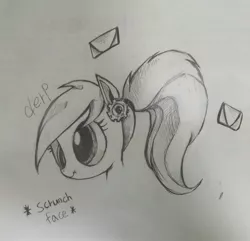 Size: 2340x2254 | Tagged: safe, artist:drunken rarity, banned from derpibooru, deleted from derpibooru, derpibooru import, derpy hooves, alternate hairstyle, doodle, monochrome, ponytail, scrunchy face, solo, traditional art