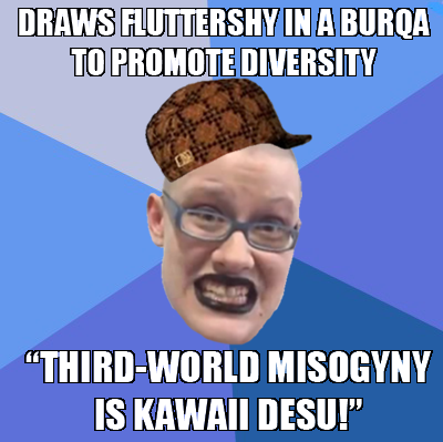 Size: 400x399 | Tagged: safe, banned from derpibooru, deleted from derpibooru, derpibooru import, fluttershy, advice meme, exploitable meme, freak, hijab, hypocrisy, islam, meme, no pony, scumbag sjw, social justice warrior