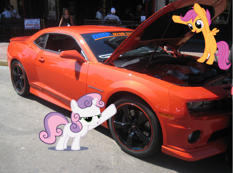 Size: 2366x1753 | Tagged: safe, artist:nestordc, banned from derpibooru, deleted from derpibooru, derpibooru import, scootaloo, sweetie belle, car, chevrolet, chevrolet camaro