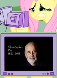 Size: 565x771 | Tagged: safe, banned from derpibooru, deleted from derpibooru, derpibooru import, fluttershy, christopher lee, crying, exploitable meme, fluttercry, meme, obligatory pony, rest in peace, tv meme