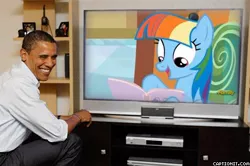 Size: 400x265 | Tagged: safe, banned from derpibooru, deleted from derpibooru, derpibooru import, screencap, rainbow dash, the lost treasure of griffonstone, barack obama, manebow sparkle, meme, obligatory pony, television
