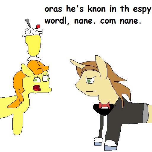 Size: 514x514 | Tagged: safe, artist:dellovan, banned from derpibooru, deleted from derpibooru, derpibooru import, carrot top, con mane, donut joe, golden harvest, comic sans, milkshake, ms paint, stylistic suck