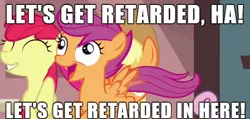 Size: 610x291 | Tagged: safe, banned from derpibooru, deleted from derpibooru, derpibooru import, screencap, apple bloom, scootaloo, sweetie belle, black eyed peas, caption, cutie mark crusaders, image macro, lyrics, meme, offensive, text