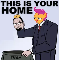 Size: 585x600 | Tagged: safe, banned from derpibooru, deleted from derpibooru, derpibooru import, penn jillette, chickun, exploitable meme, faic, forced meme, image, into the trash it goes, meme, png, trash
