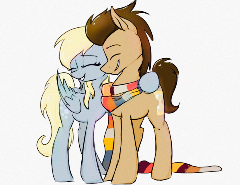 Size: 1884x1453 | Tagged: safe, artist:imarieu, banned from derpibooru, deleted from derpibooru, derpibooru import, derpy hooves, doctor whooves, time turner, pony, slice of life (episode), clothes, doctorderpy, female, fourth doctor's scarf, hug, like a million bits, male, scarf, shipping, stallion, straight, tom baker's scarf