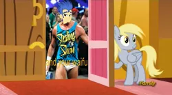 Size: 1273x706 | Tagged: suggestive, banned from derpibooru, deleted from derpibooru, derpibooru import, derpy hooves, flash sentry, slice of life (episode), derpy's door, exploitable meme, flash sentry savior of the universe, meme, obligatory pony