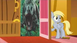 Size: 1273x706 | Tagged: safe, banned from derpibooru, deleted from derpibooru, derpibooru import, derpy hooves, derpy's door, exploitable meme, indominus rex, jurassic world, meme, obligatory pony