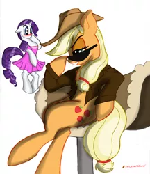 Size: 10176x11760 | Tagged: safe, artist:splashybacon, banned from derpibooru, deleted from derpibooru, derpibooru import, applejack, rarity, blushing, clothes, dress, female, jacket, leather jacket, lesbian, mechanical bull, rarijack, shipping, sunglasses