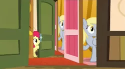 Size: 1273x706 | Tagged: safe, banned from derpibooru, deleted from derpibooru, derpibooru import, apple bloom, derpy hooves, slice of life (episode), somepony to watch over me, apple closet, crossing the memes, derpy's door, exploitable meme, meme, obligatory pony