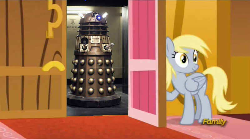 Size: 1273x706 | Tagged: safe, banned from derpibooru, deleted from derpibooru, derpibooru import, edit, screencap, derpy hooves, slice of life (episode), dalek, derpy's door, doctor who, exploitable meme, meme, obligatory pony, torchwood