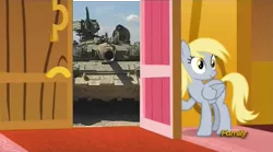 Size: 1273x706 | Tagged: safe, banned from derpibooru, deleted from derpibooru, derpibooru import, edit, derpy hooves, slice of life (episode), derpy's door, exploitable meme, meme, obligatory pony, photo, t-90, tank (vehicle)