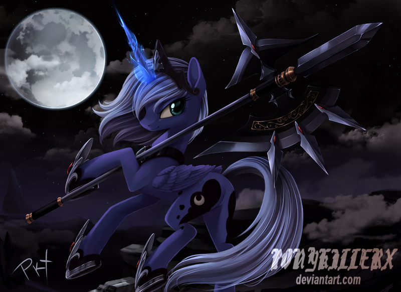 Size: 1880x1368 | Tagged: safe, artist:ponykillerx, banned from derpibooru, deleted from derpibooru, derpibooru import, princess luna, female, filly, halberd, moon, night, s1 luna, solo, warrior luna, watermark, weapon