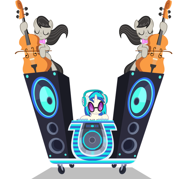 Size: 1064x1024 | Tagged: safe, artist:starlessnight22, banned from derpibooru, deleted from derpibooru, derpibooru import, edit, octavia melody, vinyl scratch, slice of life (episode), cello, musical instrument, simple background, vector, white background, wubcart