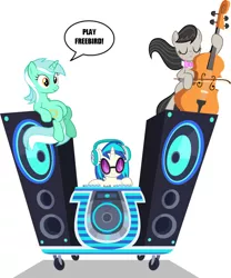 Size: 854x1024 | Tagged: safe, artist:starlessnight22, banned from derpibooru, deleted from derpibooru, derpibooru import, edit, lyra heartstrings, octavia melody, vinyl scratch, slice of life (episode), cello, free bird, lynyrd skynyrd, meme, musical instrument, simple background, sitting, sitting lyra, vector, white background, wubcart