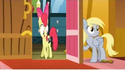 Size: 1272x710 | Tagged: safe, banned from derpibooru, deleted from derpibooru, derpibooru import, apple bloom, derpy hooves, bloom and gloom, slice of life (episode), apple bloom's cutie mark, derpy's door, exploitable meme, meme, obligatory pony, the meme that never ends