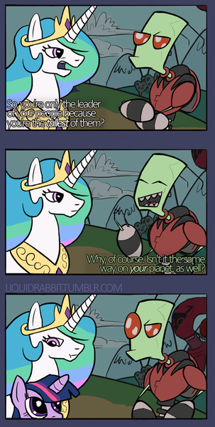 Size: 646x1280 | Tagged: safe, artist:liquidrabbitz, banned from derpibooru, deleted from derpibooru, derpibooru import, princess celestia, twilight sparkle, comic, crossover, dialogue, :i, invader zim, the tallest