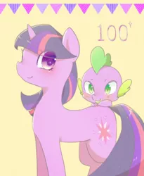 Size: 1200x1464 | Tagged: safe, artist:kkmrarar, banned from derpibooru, deleted from derpibooru, derpibooru import, spike, twilight sparkle, 100th episode, pixiv