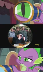 Size: 741x1249 | Tagged: safe, banned from derpibooru, deleted from derpibooru, derpibooru import, spike, princess spike (episode), exploitable meme, kim jong-un, meme, north korea, spike's telescope, telescope