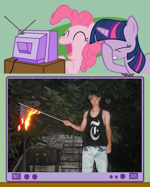 Size: 600x750 | Tagged: safe, banned from derpibooru, deleted from derpibooru, derpibooru import, pinkie pie, twilight sparkle, human, american flag, context is for the weak, drama, drama bait, exploitable meme, facehoof, fire, flag, flag burning, image, irl, irl human, jpeg, laughing, meme, photo, photoshop, tv meme, watching tv