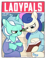 Size: 500x640 | Tagged: safe, artist:cuteosphere, banned from derpibooru, deleted from derpibooru, derpibooru import, bon bon, lyra heartstrings, sweetie drops, blushing, book, clothes, implied lesbian, implied lyrabon, implied shipping, magazine cover, parody, sweater