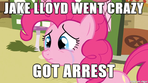 Size: 500x281 | Tagged: safe, banned from derpibooru, deleted from derpibooru, derpibooru import, pinkie pie, pony, caption, crying, jake lloyd, sad, text