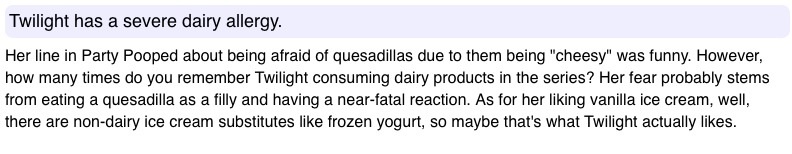 Size: 792x154 | Tagged: safe, banned from derpibooru, deleted from derpibooru, derpibooru import, twilight sparkle, party pooped, food, food allergy, headcanon, overthinking it, quesadilla, text, text only, theory, tv tropes