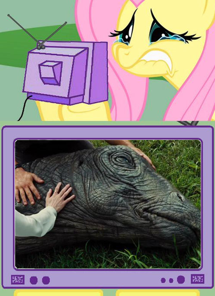 Size: 498x685 | Tagged: safe, banned from derpibooru, deleted from derpibooru, derpibooru import, fluttershy, apatosaurus, crying, die, exploitable, exploitable meme, jurassic world, meme, obligatory pony, sad, television, tv meme