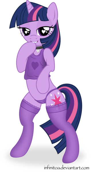 Size: 2829x5346 | Tagged: suggestive, artist:infinitoa, banned from derpibooru, deleted from derpibooru, derpibooru import, twilight sparkle, absurd resolution, bipedal, biting, clothes, collar, heart eyes, heart (organ), hoof biting, midriff, organs, panties, purple underwear, stockings, tanktop, thigh highs, underwear, vector, wingding eyes