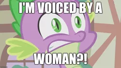 Size: 888x499 | Tagged: safe, banned from derpibooru, deleted from derpibooru, derpibooru import, spike, caption, cathy weseluck, image macro, meme, scared, text, voice actor joke