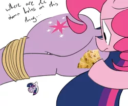 Size: 1200x1000 | Tagged: suggestive, artist:hattsy, banned from derpibooru, deleted from derpibooru, derpibooru import, pinkie pie, twilight sparkle, bondage, butt, dock, eyes on the prize, featureless crotch, food, phobia, plot, quesadilla, rope, sweat