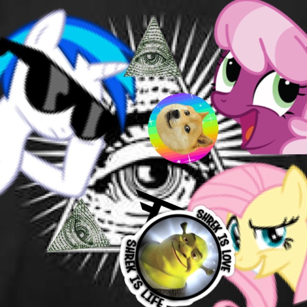 Size: 1280x1280 | Tagged: safe, artist:toms, banned from derpibooru, deleted from derpibooru, derpibooru import, cheerilee, fluttershy, vinyl scratch, doge, illuminati, shrek