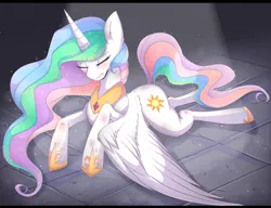 Size: 1600x1229 | Tagged: safe, artist:pastelmistress, banned from derpibooru, deleted from derpibooru, derpibooru import, princess celestia, crepuscular rays, crying, eyes closed, prone, solo, spread wings, wings