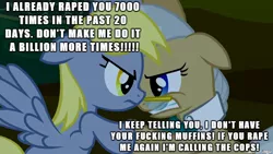 Size: 610x343 | Tagged: grimdark, suggestive, banned from derpibooru, deleted from derpibooru, derpibooru import, screencap, derpy hooves, mayor mare, caption, image macro, meme, rape, sex, text, vulgar, wat, why