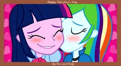 Size: 1500x819 | Tagged: safe, artist:chameleonman55, banned from derpibooru, deleted from derpibooru, derpibooru import, rainbow dash, twilight sparkle, human, equestria girls, blushing, female, holiday, humanized, kissing, late holiday, lesbian, shipping, twidash, valentine's day