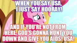 Size: 888x499 | Tagged: safe, banned from derpibooru, deleted from derpibooru, derpibooru import, pinkie pie, 4th of july, aids, caption, family guy, hiv, holiday, image macro, meme, sexually transmitted disease, singing, song reference, text