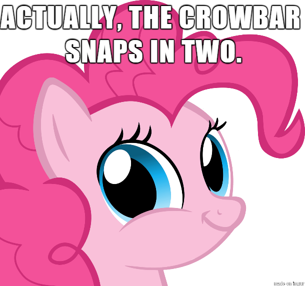 Size: 610x572 | Tagged: safe, banned from derpibooru, deleted from derpibooru, derpibooru import, pinkie pie, actually the crowbar snaps in two, caption, faic, image macro, jontron, meme, nightshade: the claws of heugh, smirk, text, twiface