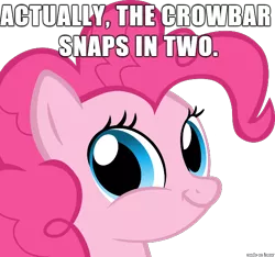 Size: 610x572 | Tagged: safe, banned from derpibooru, deleted from derpibooru, derpibooru import, pinkie pie, actually the crowbar snaps in two, caption, faic, image macro, jontron, meme, nightshade: the claws of heugh, smirk, text, twiface