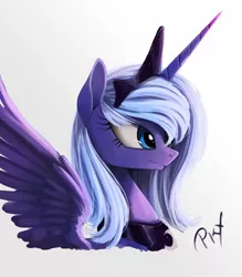 Size: 1166x1330 | Tagged: safe, artist:ponykillerx, banned from derpibooru, deleted from derpibooru, derpibooru import, princess luna, alicorn, pony, bust, female, fluffy, mare, portrait, s1 luna, smiling, solo, spread wings, wings