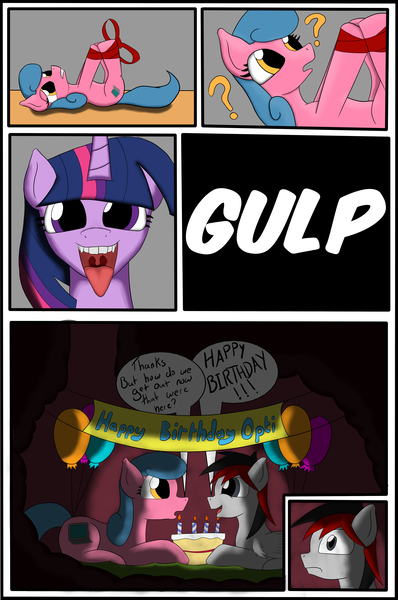 Size: 3912x5901 | Tagged: questionable, artist:foxkai, banned from derpibooru, deleted from derpibooru, derpibooru import, twilight sparkle, oc, oc:optica, oc:pixel bit, birthday, birthday cake, cake, food, internal, micro, open mouth, tongue out, uvula, vore