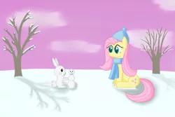 Size: 4200x2800 | Tagged: safe, artist:joey, banned from derpibooru, deleted from derpibooru, derpibooru import, angel bunny, fluttershy, clothes, hat, scarf, snow, snowman, winter