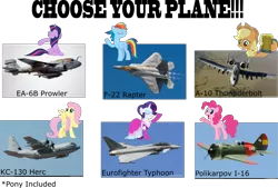 Size: 2746x1858 | Tagged: safe, artist:scarletlightning565, banned from derpibooru, deleted from derpibooru, derpibooru import, applejack, fluttershy, pinkie pie, rainbow dash, rarity, twilight sparkle, a-10 thunderbolt ii, barely pony related, c-130, choose your pony, ea-6b prowler, eurofighter typhoon, f-22 raptor, i-16, jet, jet fighter, mane six, military, obligatory pony, plane