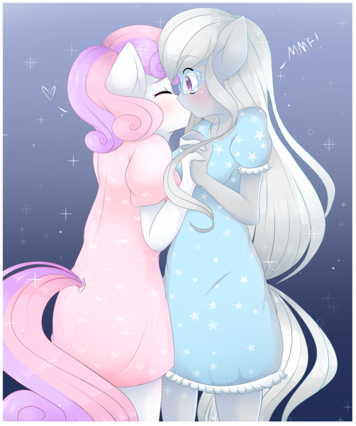 Size: 900x1076 | Tagged: safe, artist:pastelmistress, banned from derpibooru, deleted from derpibooru, derpibooru import, silver spoon, sweetie belle, anthro, clothes, female, kissing, lesbian, loose hair, nightgown, pajamas, shipping, silverbelle