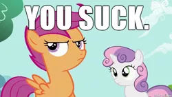 Size: 610x343 | Tagged: safe, banned from derpibooru, deleted from derpibooru, derpibooru import, scootaloo, sweetie belle, abuse, caption, image macro, meme, reaction image, sweetiebuse, text, you suck
